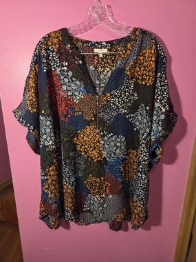 Maurices Multi Floral Patchwork V-Neck Blouse with Zip Detail